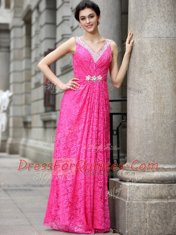 Hot Pink Lace Zipper Prom Gown Sleeveless Floor Length Beading and Lace