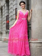 Hot Pink Lace Zipper Prom Gown Sleeveless Floor Length Beading and Lace