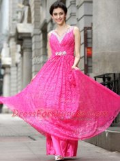 Hot Pink Lace Zipper Prom Gown Sleeveless Floor Length Beading and Lace