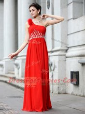 One Shoulder Coral Red Sleeveless Chiffon Zipper Prom Dresses for Prom and Party