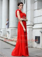 One Shoulder Coral Red Sleeveless Chiffon Zipper Prom Dresses for Prom and Party