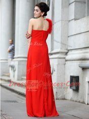 One Shoulder Coral Red Sleeveless Chiffon Zipper Prom Dresses for Prom and Party
