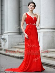 Flare One Shoulder Red Chiffon Zipper Prom Party Dress Sleeveless With Brush Train Beading and Ruching
