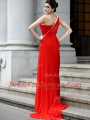 Flare One Shoulder Red Chiffon Zipper Prom Party Dress Sleeveless With Brush Train Beading and Ruching