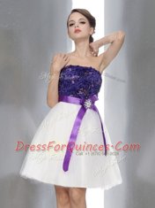 White And Purple A-line Strapless Sleeveless Chiffon Knee Length Zipper Beading and Sashes ribbons Prom Dress