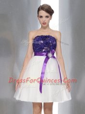 White And Purple A-line Strapless Sleeveless Chiffon Knee Length Zipper Beading and Sashes ribbons Prom Dress