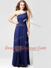 Fashionable One Shoulder Ankle Length Side Zipper Evening Dress Blue for Prom and Party with Beading and Ruching