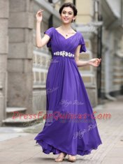 Ankle Length Purple Prom Gown V-neck Cap Sleeves Zipper