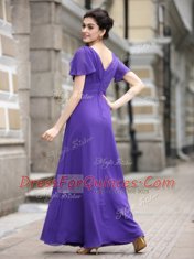 Ankle Length Purple Prom Gown V-neck Cap Sleeves Zipper