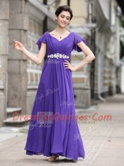 Ankle Length Purple Prom Gown V-neck Cap Sleeves Zipper