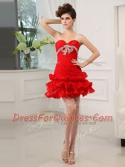 Elegant Red Sleeveless Mini Length Beading and Ruffled Layers Lace Up