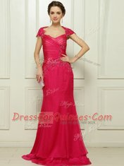 Cap Sleeves Sweep Train Backless With Train Beading Homecoming Dress