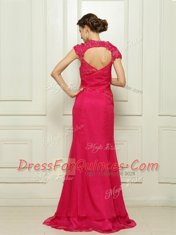 Cap Sleeves Sweep Train Backless With Train Beading Homecoming Dress