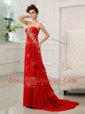 Dynamic Sweetheart Sleeveless Evening Dress With Brush Train Beading and Appliques and Ruffled Layers Red Chiffon
