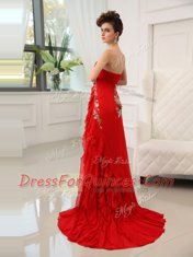 Dynamic Sweetheart Sleeveless Evening Dress With Brush Train Beading and Appliques and Ruffled Layers Red Chiffon