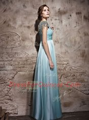 Inexpensive One Shoulder Light Blue Side Zipper Prom Gown Beading and Ruching Sleeveless Floor Length