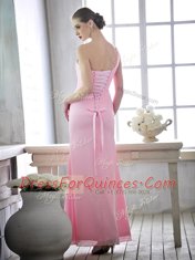 Most Popular One Shoulder Chiffon Sleeveless Ankle Length Prom Party Dress and Ruching and Hand Made Flower