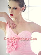 Most Popular One Shoulder Chiffon Sleeveless Ankle Length Prom Party Dress and Ruching and Hand Made Flower