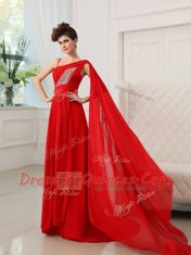 Pretty One Shoulder Sleeveless Court Train Zipper With Train Beading and Ruching Prom Dresses