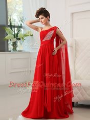 Pretty One Shoulder Sleeveless Court Train Zipper With Train Beading and Ruching Prom Dresses
