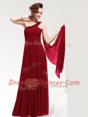 One Shoulder Floor Length Wine Red Prom Party Dress Chiffon Sleeveless Ruching