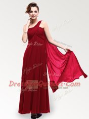 One Shoulder Floor Length Wine Red Prom Party Dress Chiffon Sleeveless Ruching