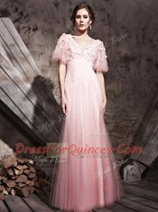Beauteous Floor Length Column/Sheath Half Sleeves Baby Pink Prom Gown Zipper
