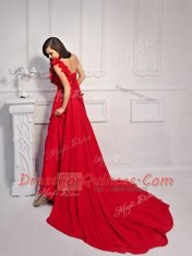 Silk Like Satin One Shoulder Sleeveless Court Train Lace Up Hand Made Flower Prom Gown in Red