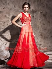 Exquisite Red Chiffon Zipper Straps Sleeveless Floor Length Prom Evening Gown Beading