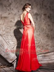 Exquisite Red Chiffon Zipper Straps Sleeveless Floor Length Prom Evening Gown Beading