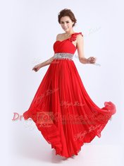 Glamorous One Shoulder Floor Length Zipper Dress for Prom Red for Prom and Party with Beading and Ruching and Pleated