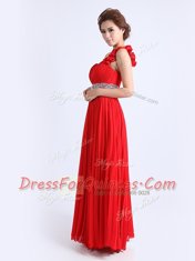 Glamorous One Shoulder Floor Length Zipper Dress for Prom Red for Prom and Party with Beading and Ruching and Pleated