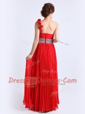Glamorous One Shoulder Floor Length Zipper Dress for Prom Red for Prom and Party with Beading and Ruching and Pleated