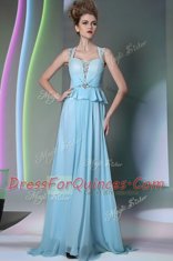 Scoop Light Blue Sleeveless Beading Floor Length Dress for Prom