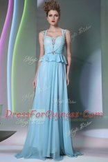 Scoop Light Blue Sleeveless Beading Floor Length Dress for Prom