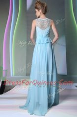 Scoop Light Blue Sleeveless Beading Floor Length Dress for Prom