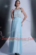 Custom Made Scoop Light Blue Sleeveless Floor Length Lace Side Zipper Prom Gown