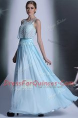 Custom Made Scoop Light Blue Sleeveless Floor Length Lace Side Zipper Prom Gown
