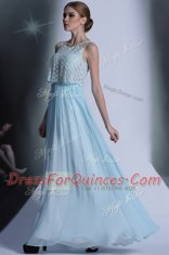 Custom Made Scoop Light Blue Sleeveless Floor Length Lace Side Zipper Prom Gown