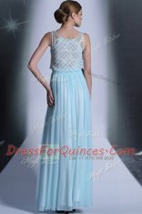 Custom Made Scoop Light Blue Sleeveless Floor Length Lace Side Zipper Prom Gown