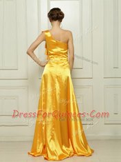 Low Price One Shoulder Gold Sleeveless Taffeta Brush Train Zipper Prom Dresses for Prom and Party