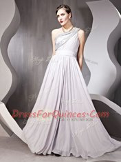 Ideal One Shoulder Silver Empire Beading Prom Gown Side Zipper Chiffon Sleeveless Floor Length