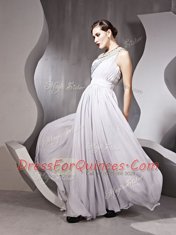 Ideal One Shoulder Silver Empire Beading Prom Gown Side Zipper Chiffon Sleeveless Floor Length