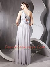 Ideal One Shoulder Silver Empire Beading Prom Gown Side Zipper Chiffon Sleeveless Floor Length