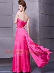 Sleeveless Elastic Woven Satin Floor Length Zipper Dress for Prom in Hot Pink with Ruching