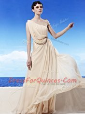 Champagne Chiffon Side Zipper One Shoulder Sleeveless Floor Length Prom Evening Gown Beading and Ruching