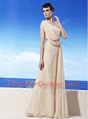 Champagne Chiffon Side Zipper One Shoulder Sleeveless Floor Length Prom Evening Gown Beading and Ruching
