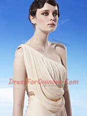 Champagne Chiffon Side Zipper One Shoulder Sleeveless Floor Length Prom Evening Gown Beading and Ruching