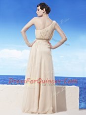 Champagne Chiffon Side Zipper One Shoulder Sleeveless Floor Length Prom Evening Gown Beading and Ruching
