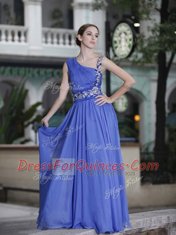 Noble One Shoulder Blue Chiffon Side Zipper Homecoming Dress Sleeveless Floor Length Hand Made Flower